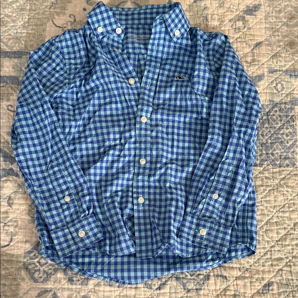 Vineyard Vines Kids Blue and Green Plaid Shirt (Performance)